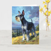 Schnauzer Sunlit Countryside Landscape Art カード (黄色い花)