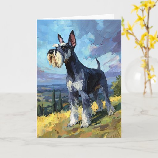 Schnauzer Sunlit Countryside Landscape Art カード (黄色い花)