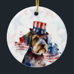 Schnauzer terrier Dog, 4th of july Personalized セラミックオーナメント<br><div class="desc">Celebrate your love for your furry friend and American pride with this personalized 4th of July dog ornament 🇺🇸🐾 The design features a watercolor dog wearing a stars-and-stripes hat on a soft red and blue stars background. Personalize the back with your dog’s name, a custom 4th of July greeting, and...</div>