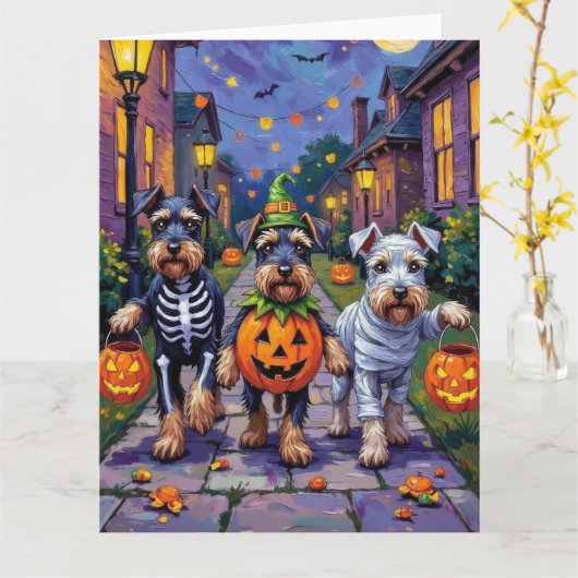 Schnauzer Trick-or-Treating in Halloween Costumes カード (黄色い花)