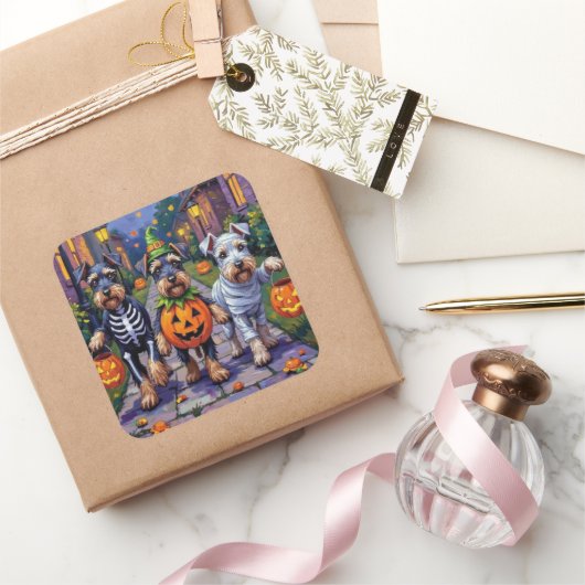 Schnauzer Trick-or-Treating in Halloween Costumes スクエアシール (ギフト)