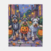 Schnauzer Trick-or-Treating in Halloween Costumes フリースブランケット (正面)