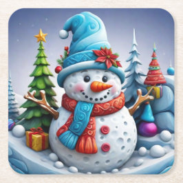 Schneemann in Winterlandschaft -  スクエアペーパーコースター