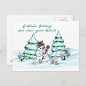 Schneemann mit Katze und Hundewelpe auf Deutsch ポストカード (正面/裏面)
