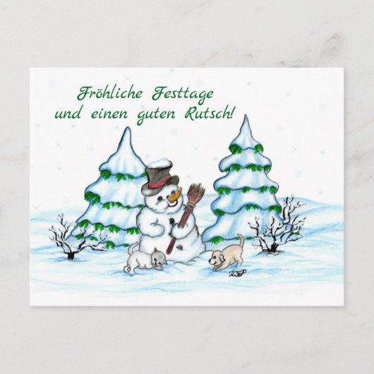 Schneemann mit Katze und Hundewelpe auf Deutsch ポストカード (正面)