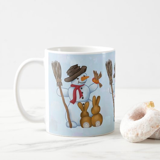 Schneemann mit Tieren コーヒーマグカップ (ドーナツ)