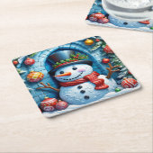 Schneemann mit Weihnachtsdeko -  スクエアペーパーコースター (アングル)