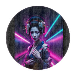 Schöne Geisha Puzzle mit Neon Hintergrund – Elegan カッティングボード