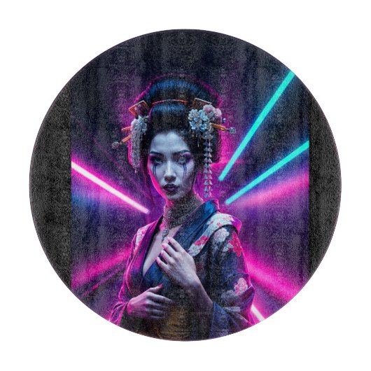 Schöne Geisha Puzzle mit Neon Hintergrund – Elegan カッティングボード (正面)