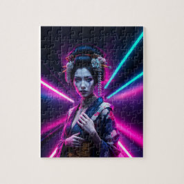 Schöne Geisha Puzzle mit Neon Hintergrund – Elegan ジグソーパズル