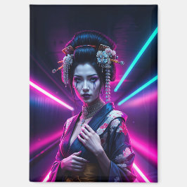 Schöne Geisha Puzzle mit Neon Hintergrund – Elegan マグネット