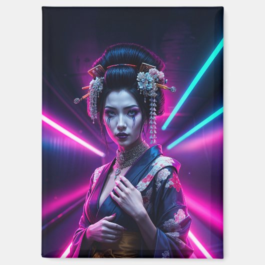 Schöne Geisha Puzzle mit Neon Hintergrund – Elegan マグネット (正面)