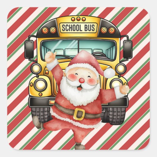 School Bus Christmas for Driver greeting card スクエアシール (正面)