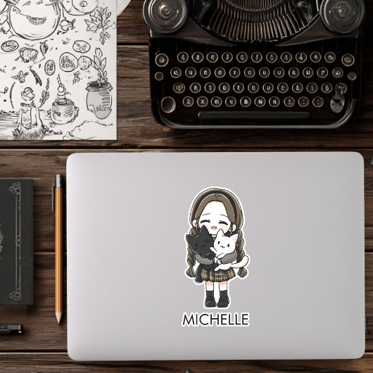 School Girl & Cats Cute Anime Cartoon Personalized シール