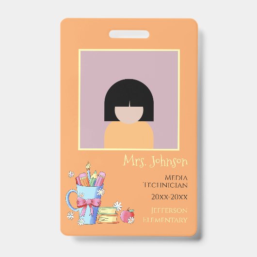 School Librarian Orange Vertical Photo IDバッジ バッジ (Front)