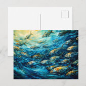 School of Fish in Expressive Ocean Painting ポストカード (正面/裏面)