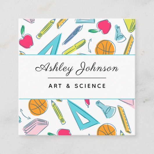 School Things Objectsパターン先生カラフルおもしろい スクエア名刺 (正面)