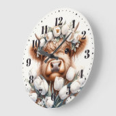 Schottische Highland-Kuh mit weißen Tulpen Wanduhr ラージ壁時計 (傾斜)