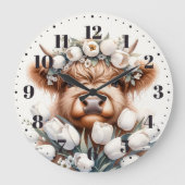 Schottische Highland-Kuh mit weißen Tulpen Wanduhr ラージ壁時計 (正面)