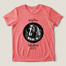 Schulkind 2026 - Pferd mit Blumen - schwarz weiß | トライブレンドTシャツ