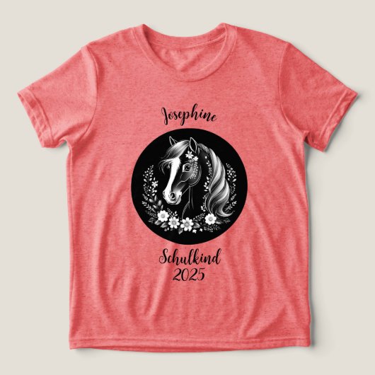 Schulkind 2026 - Pferd mit Blumen - schwarz weiß | トライブレンドTシャツ (デザイン正面)