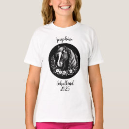 Schulkind 2026 - Pferd mit Blumen - schwarz weiß | Tシャツ