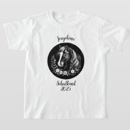 Schulkind 2026 - Pferd mit Blumen - schwarz weiß | Tシャツ