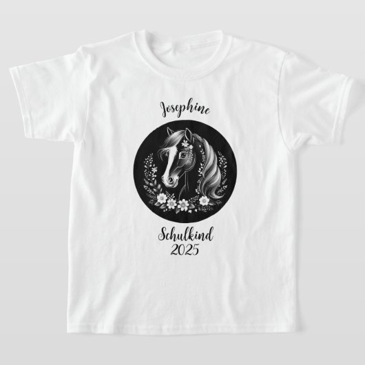 Schulkind 2026 - Pferd mit Blumen - schwarz weiß | Tシャツ (レイダウン)