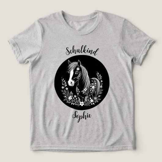 Schulkind - Pony mit Blumen - schwarz weiß | トライブレンドTシャツ (デザイン正面)