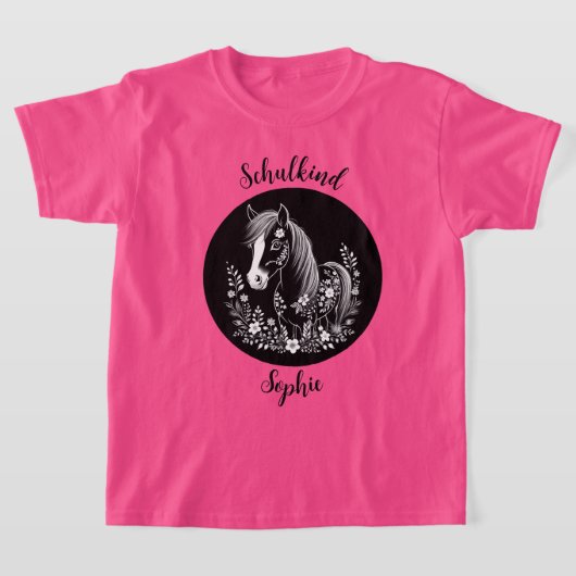 Schulkind - Pony mit Blumen - schwarz weiß | Tシャツ (レイダウン)