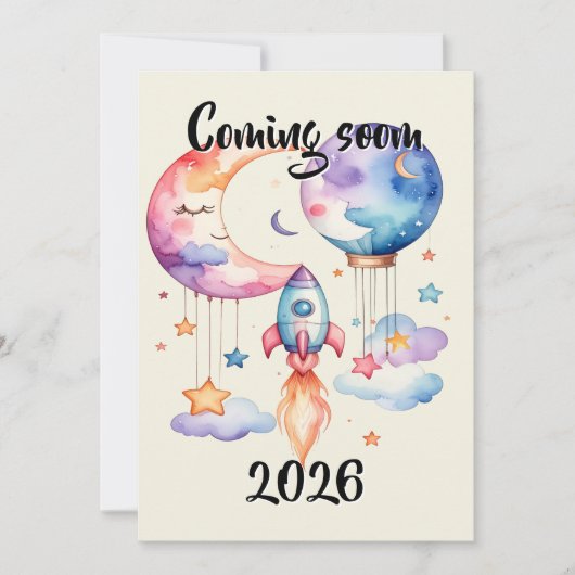 Schwangerschaft verkünden Aquarell Heißluftballon 案内状 (正面)