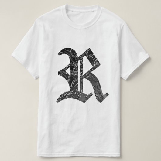 Schwarze Buchstabe "R" im gotischen Stil Tシャツ (デザイン正面)