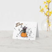 Schwarze Halloween-Katze | Happy Halloween カード (黄色い花)