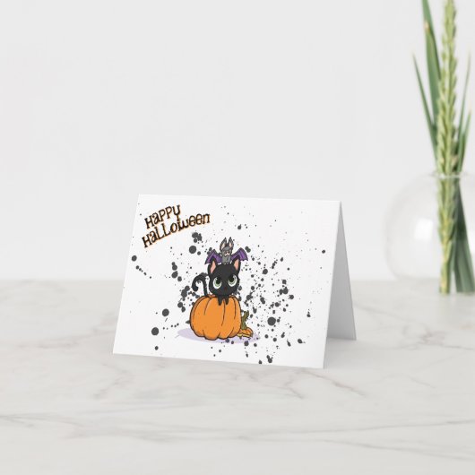 Schwarze Halloween-Katze | Happy Halloween カード (正面)
