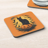 Schwarze Katze auf Halloween-Kürbis コースター (左側)