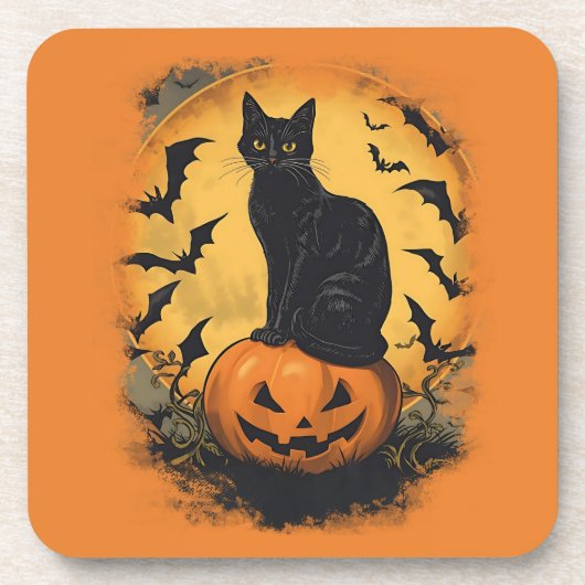 Schwarze Katze auf Halloween-Kürbis コースター (正面)