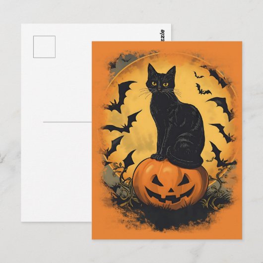 Schwarze Katze auf Halloween-Kürbis ポストカード (正面/裏面)