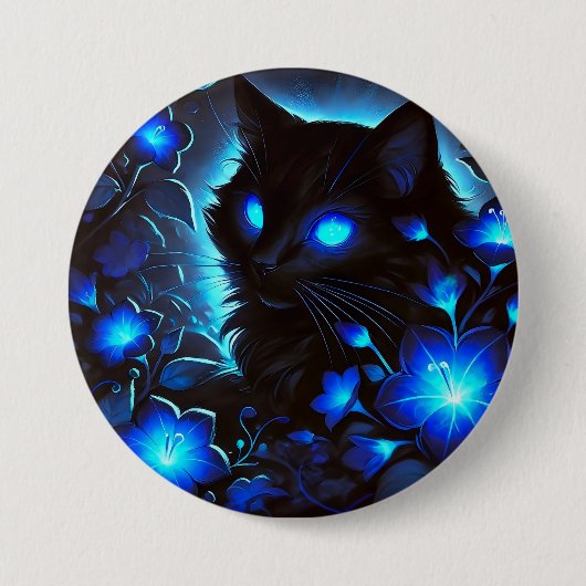 Schwarze Katze in leuchtend blau 缶バッジ (正面)