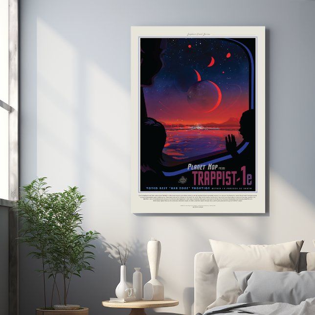 Sci-Fiトラベル広告、プラネットトラピスト–1e メタルプリント (クリエイターアップロード済み)
