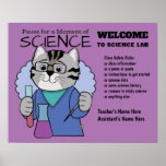 Science Lab Classroom Rulesポスター ポスター<br><div class="desc">科学の瞬間のために立ち止まる。マイクロピペットストライプのやビーカー、試験管を備えた安全ガラスを身に着けた可愛い猫。先生の名前、安全規則、学校名、その他の情報を一覧表示する。理科の部カスタマイズ分にも入る。カスタマイズ背景色</div>