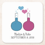 Science of Loveの紙結婚コースター スクエアペーパーコースター<br><div class="desc">だからおもしろいとオタクは愛の科学の紙コースター結婚で、青と明るい赤紫色のペアのビーカーを備え、可愛いハートの泡を持つ。このお洒落デザインはユニーク、性格に合った思い出に残るものを欲しがるオタクなカップルに最適予測できな!簡単カスタマイズは、単に提供された宇宙にあなたの結婚式の日の詳細を追加する。「クリックIt」ボタカスタマイズンで、追加のパーソナライズ・オプションを検索する。</div>
