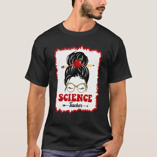 Science Teacher Messy Bun Girl Back To School Leop Tシャツ (正面)