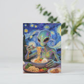 Scifi Blue Alien Eating Noodles and Veggies ポストカード (スタンド正面)