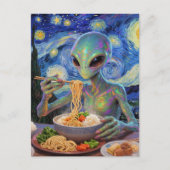 Scifi Blue Alien Eating Noodles and Veggies ポストカード (正面)