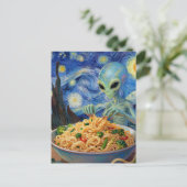 Scifi Blue Alien Eating Noodles Veggies Van Gogh ポストカード (スタンド正面)
