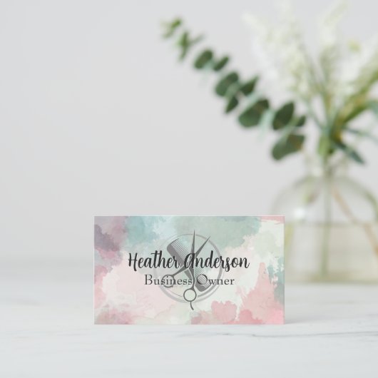 Scissors Comb Logo | Watercolor Background 予約カード (スタンド正面)
