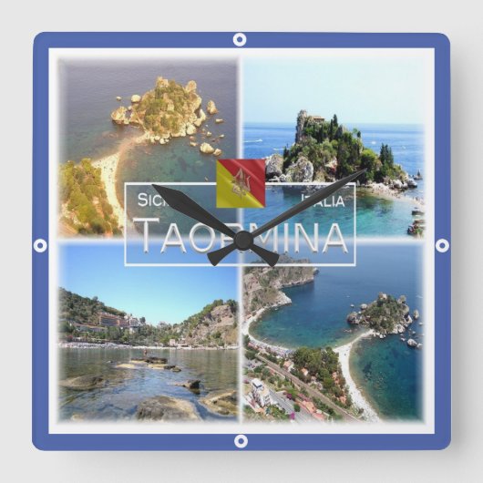 SCL017 TAORMINA Isola Bella，モザイク，シチリア， スクエア壁時計 (正面)