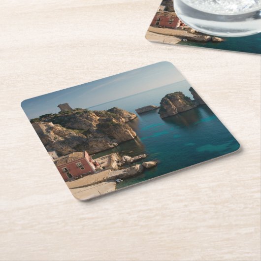 Scopello、シシリーのFaraglioniそしてTonnara スクエアペーパーコースター (アングル)