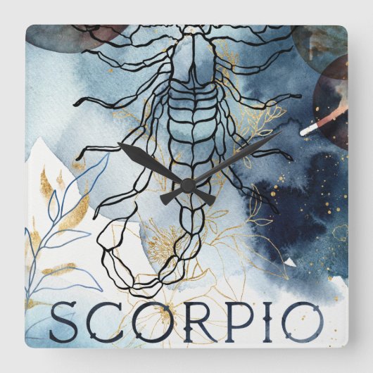 Scorpio blue gold flowers planets zodiac astrology スクエア壁時計 (正面)