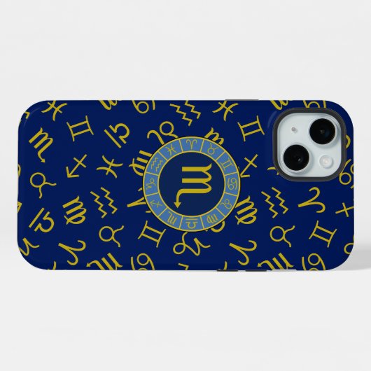 Scorpio Zodiac+Astrology Symbols Pattern Gld+Blues iPhoneケース (裏面横)